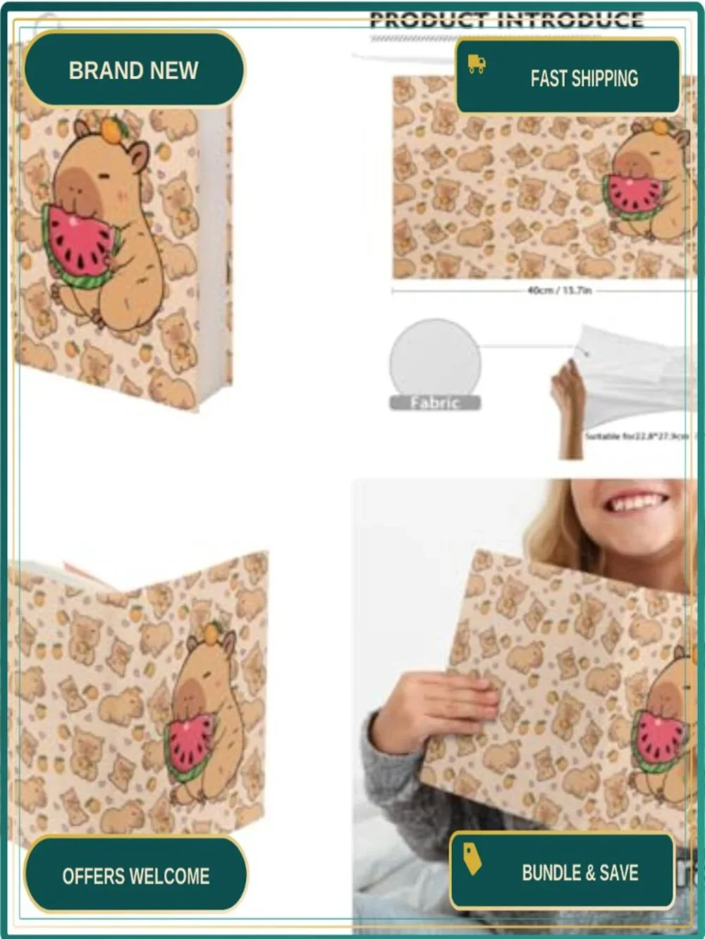Watermelon Capybara Kids Backpack 5PCS Set with Lunch Bag Pencil Case Water